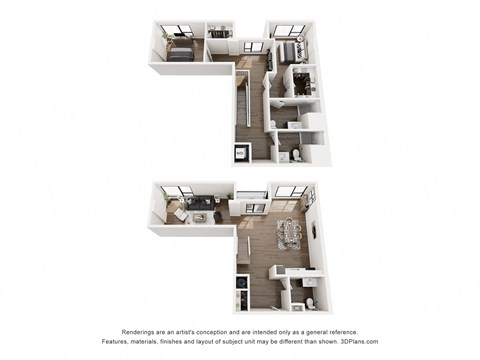 A 3D floor plan of a house with two bedrooms, a living room, a kitchen, and a bathroom.